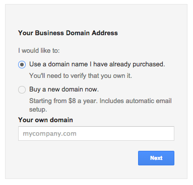 screenshot from the signup process of Google apps asking if you would like to use a domain name you've already purchased or buy a new domain