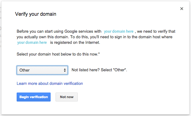 Prompt from Google apps to verify your domain