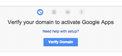 Screenshot from Google apps setup prompting user to verify their domain name and activate Google apps