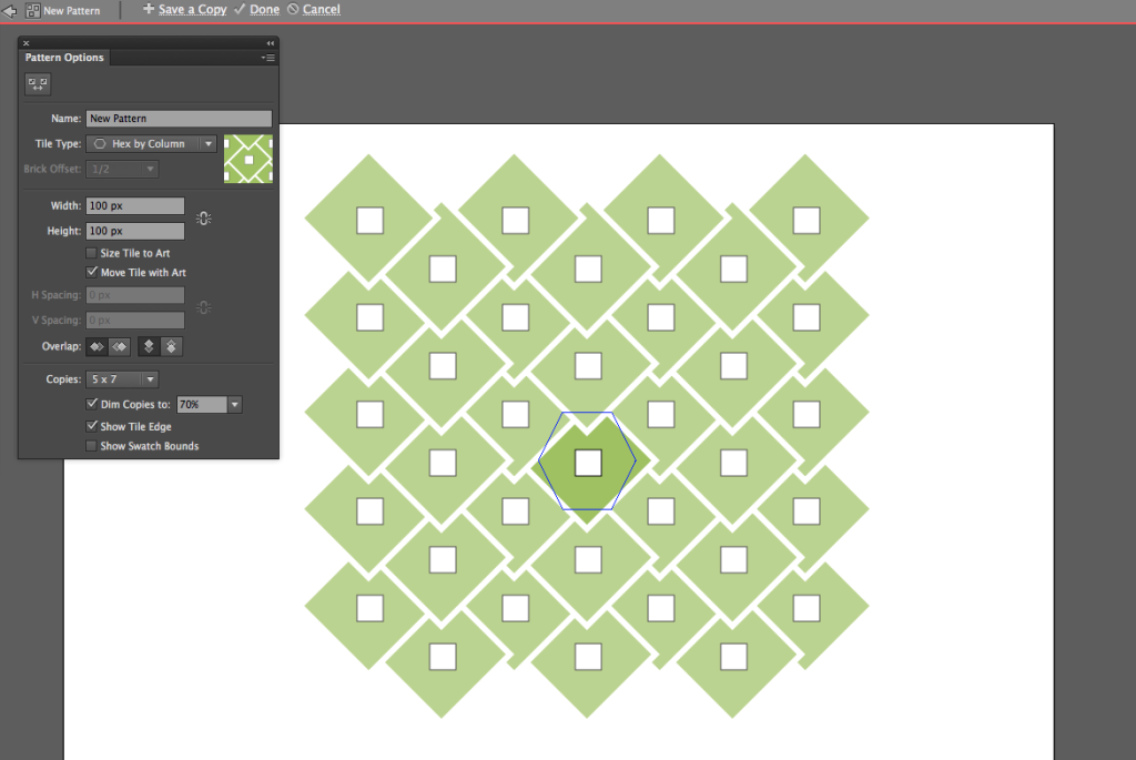 Step-by-step guide on how to create a pattern in Illustrator using color and shape modifications.