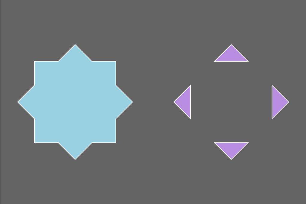 Two blue squares and four purple triangles. 