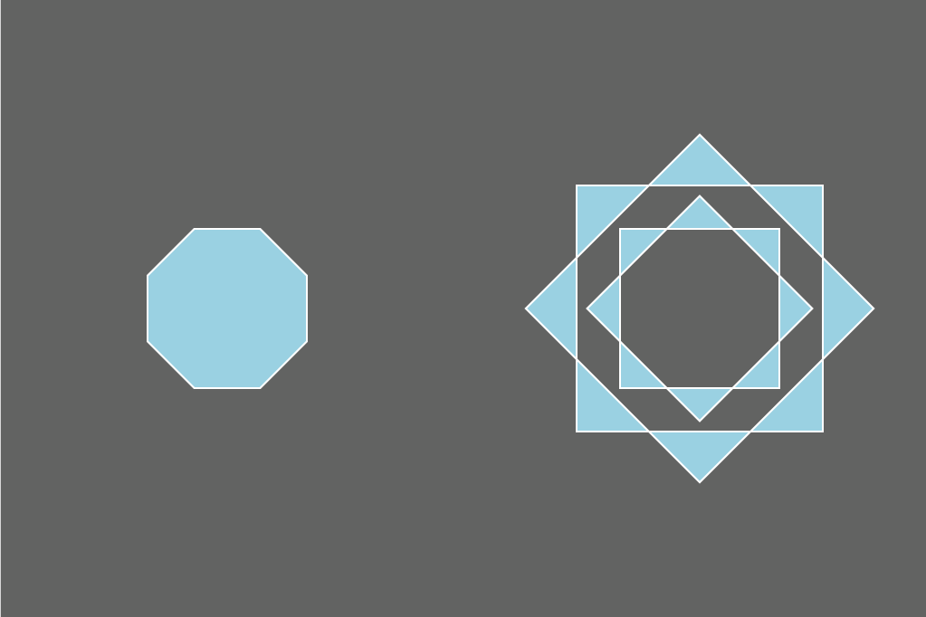 A blue octagon next to a series of blue triangles