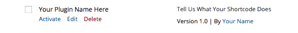 Screenshot reads Your Plugin Name Here next to a clickable box. Beneath the text are three clickable buttons titled Activate, Edit, and Delete. On the righthand side, more text reads Tell Us What Your Shortcode Does, Version 1.0 By Your Name