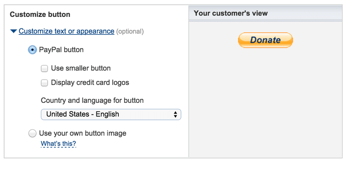 A screenshot of how to customize a PayPal button