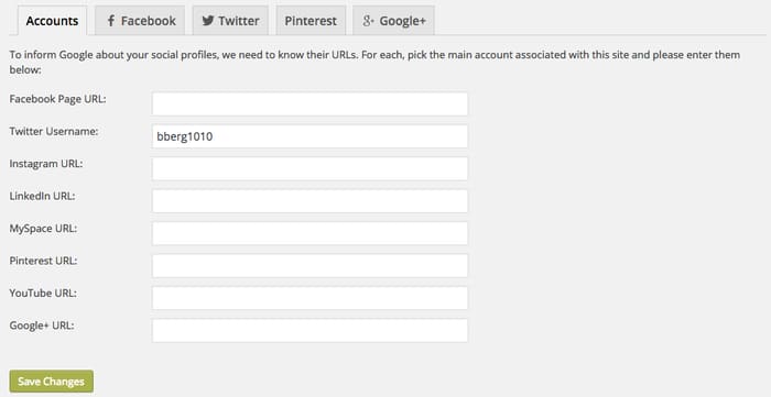 Social section of the WordPress dashboard with a Twitter username entered into the field