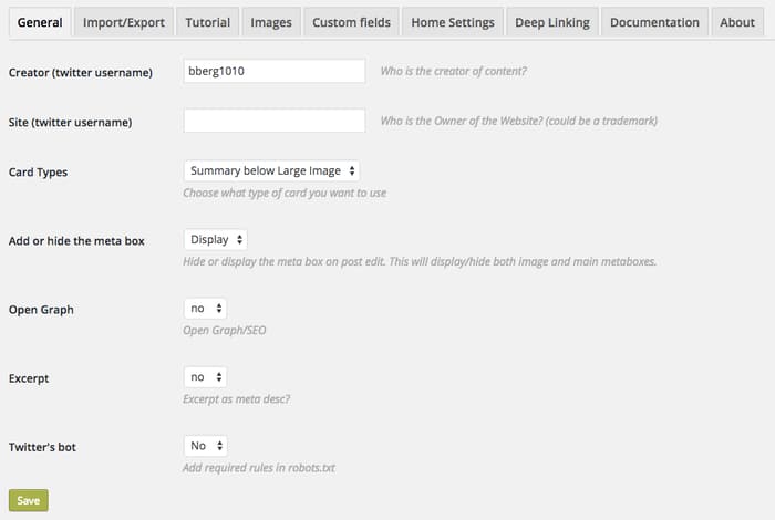 Internal settings in JM Twitter Cards plugin with Twitter handle entered into the form field 