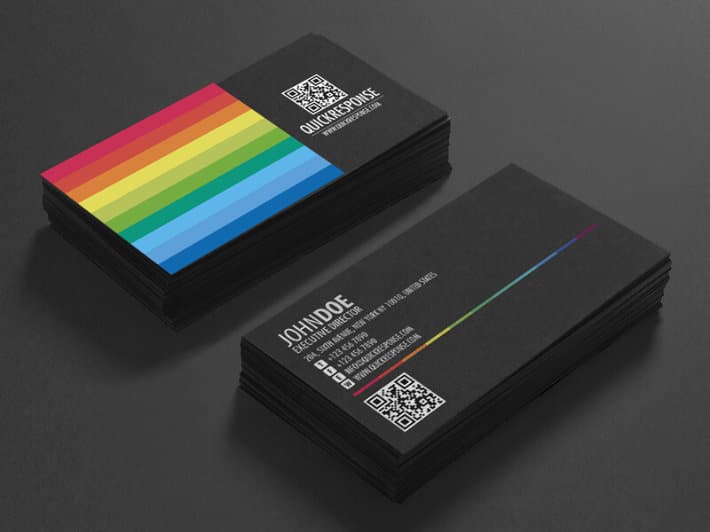 rainbow and black business cards with a QR code 