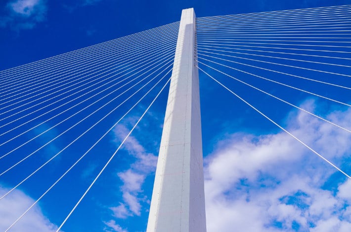 The top of a bridge with blue sky.