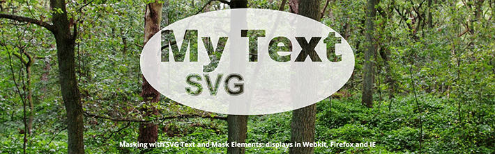 an image of a forest with a text overlay that reads: My Text SVG Masking with SVG Text and Mask Elements: displays in Webkit, Firefox, and IE