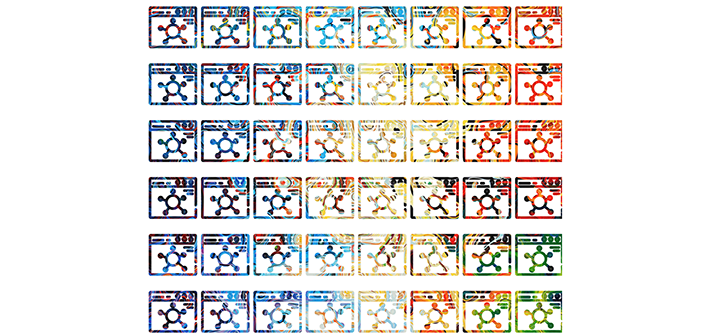 the abstract image from above, but instead of being the solid image, multiple repeated outlines fill the space and the abstract background colors them in