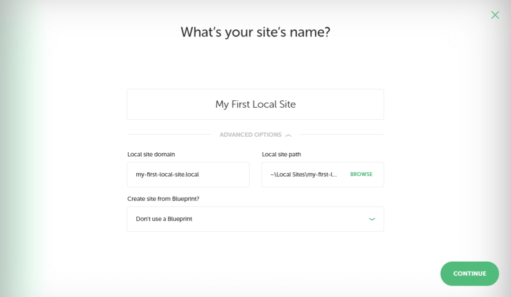 Advanced settings screen for local WordPress site setup with Local.