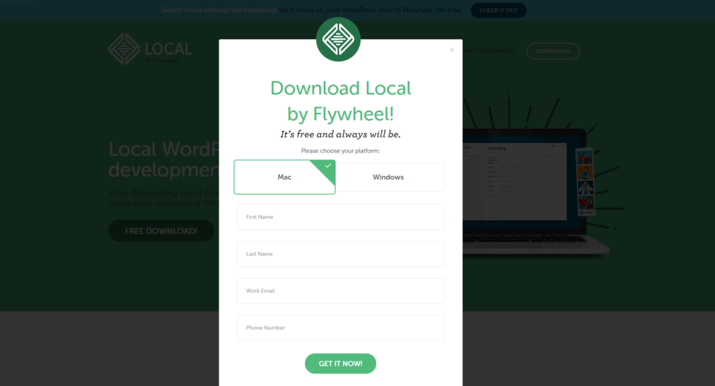 Snapshot showcasing the download process for Local WordPress via Local.