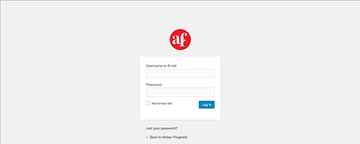 The standard WordPress login page, now with a new logo. A red bubble with the letters AF