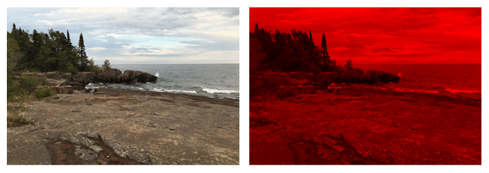 A picture of the ocean from the shore before and after using the multiply blend mode in Adobe Photoshop