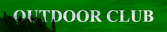 Text cutout which reads Outdoor Club with mix-blend-mode over a green background. a treeline appears in front of the word Outdoor