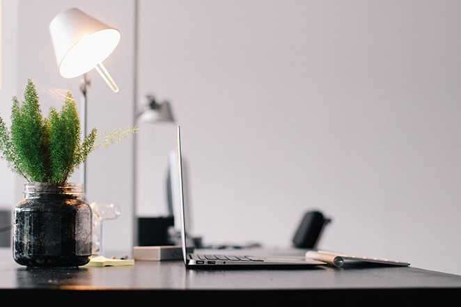 desk with plant, lamp and laptop