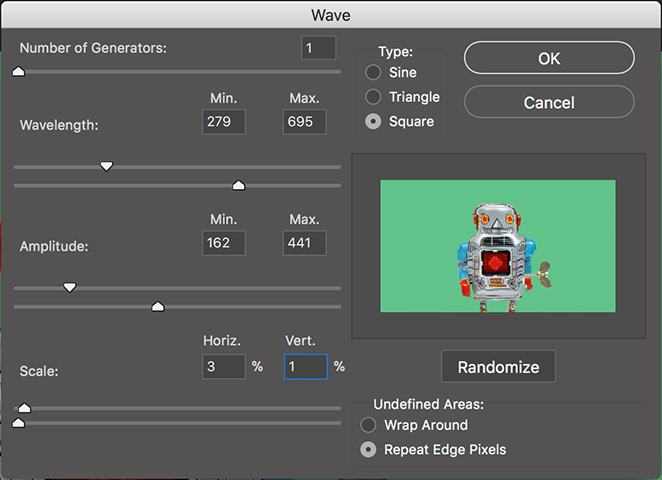 Wave menu settings in PhotoShop