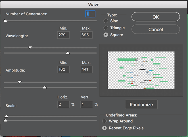 Wave menu options in PhotoShop