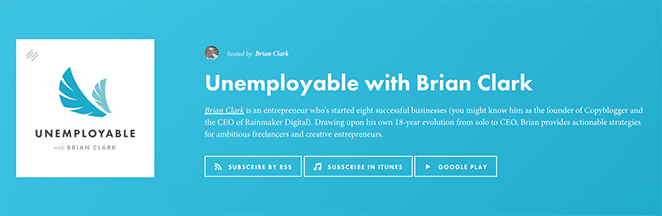 layout by flywheel best podcasts for freelancers unemployable logo with Brian Clark on blue background