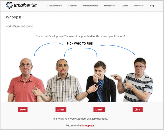 Emailcenter UK 404 page, four guys with the writing "Pick who to fire"