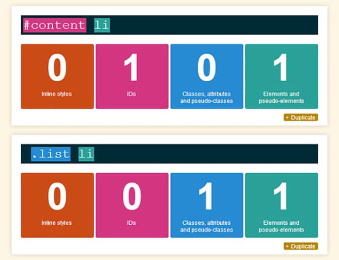 css containers color coded with numbers