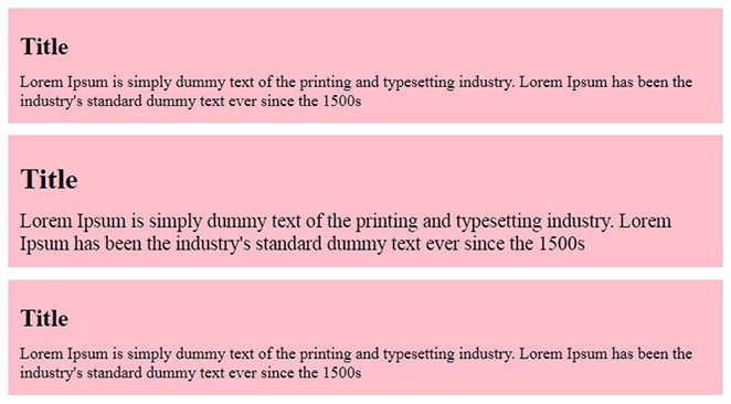 Visual illustration of 3 CSS units demonstrating best practices, featuring a prominent title and Lorem Ipsum content for reference. Notably, the CSS unit in the center displays a slightly larger Lorem Ipsum text compared to the top and bottom units.