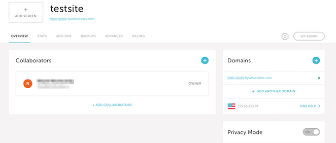 login to flywheel dashboard with test site screenshot