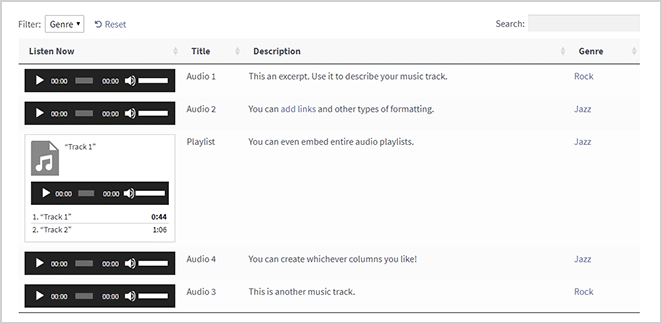 audio dynamic table screenshot in wordpress