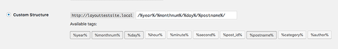 custom structure settings in wordpress dashboard when creating a customer permalink structure with date and post name
