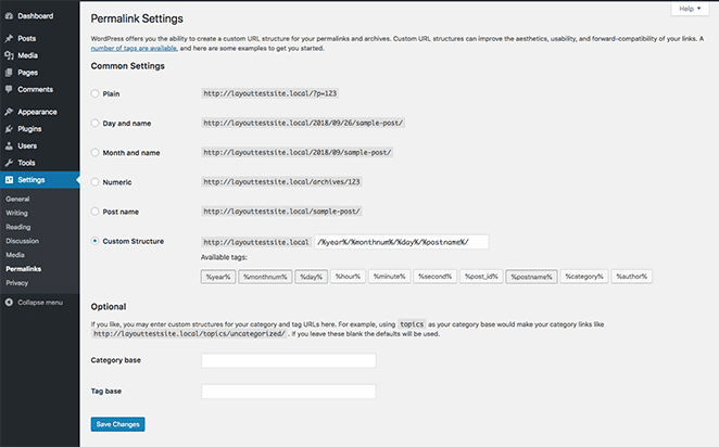 custom permalink structure WordPress dashboard screenshot