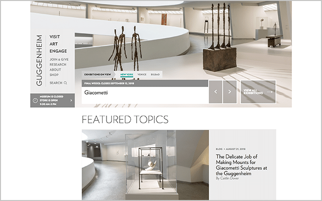 Prominent WordPress Web Design Sample: Screenshot of the Guggenheim Website