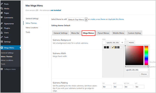 mega menu setting color adjust save changes settings screenshot