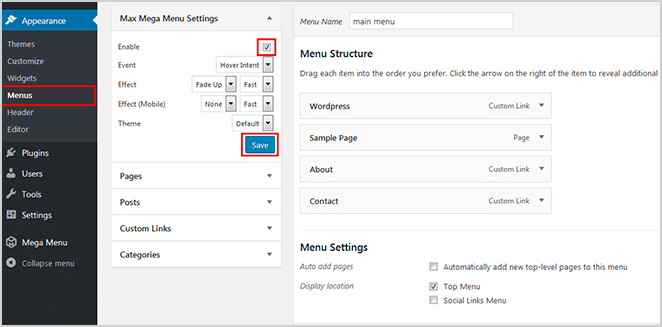 wordpress menu save enable screenshot