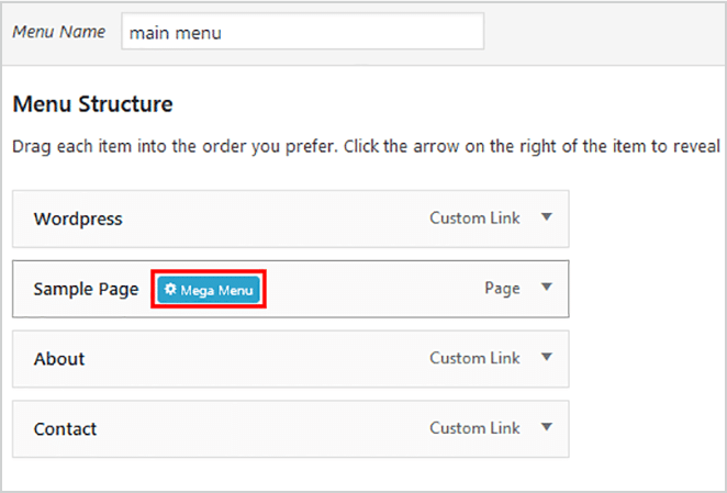 sample page settings mega menu