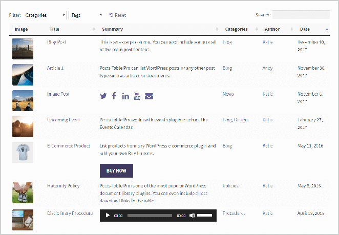 dynamic tables example screenshot in wordpress