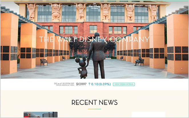 Prominent WordPress Web Design Example - Screenshot of The Walt Disney Company Website