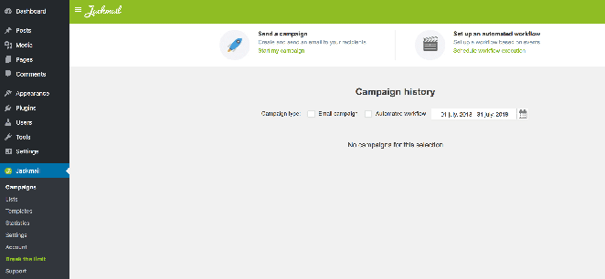 jackmail plugin installed in wordpress dashboard how to send newsletter with wordpress and jackmail tutorial